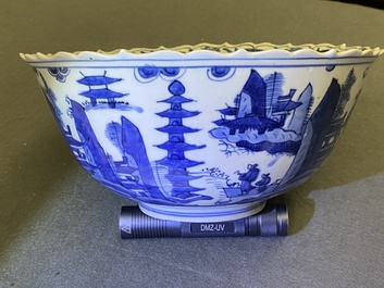 A Chinese blue and white 'pagoda landscape' bowl, Wanli